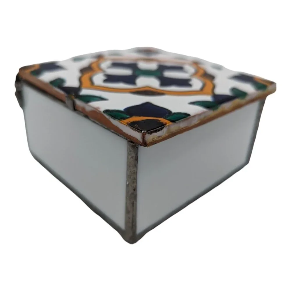 Mexican Tile Lid Trinket Box Stained glass sides Mirrored Inside Jewelry